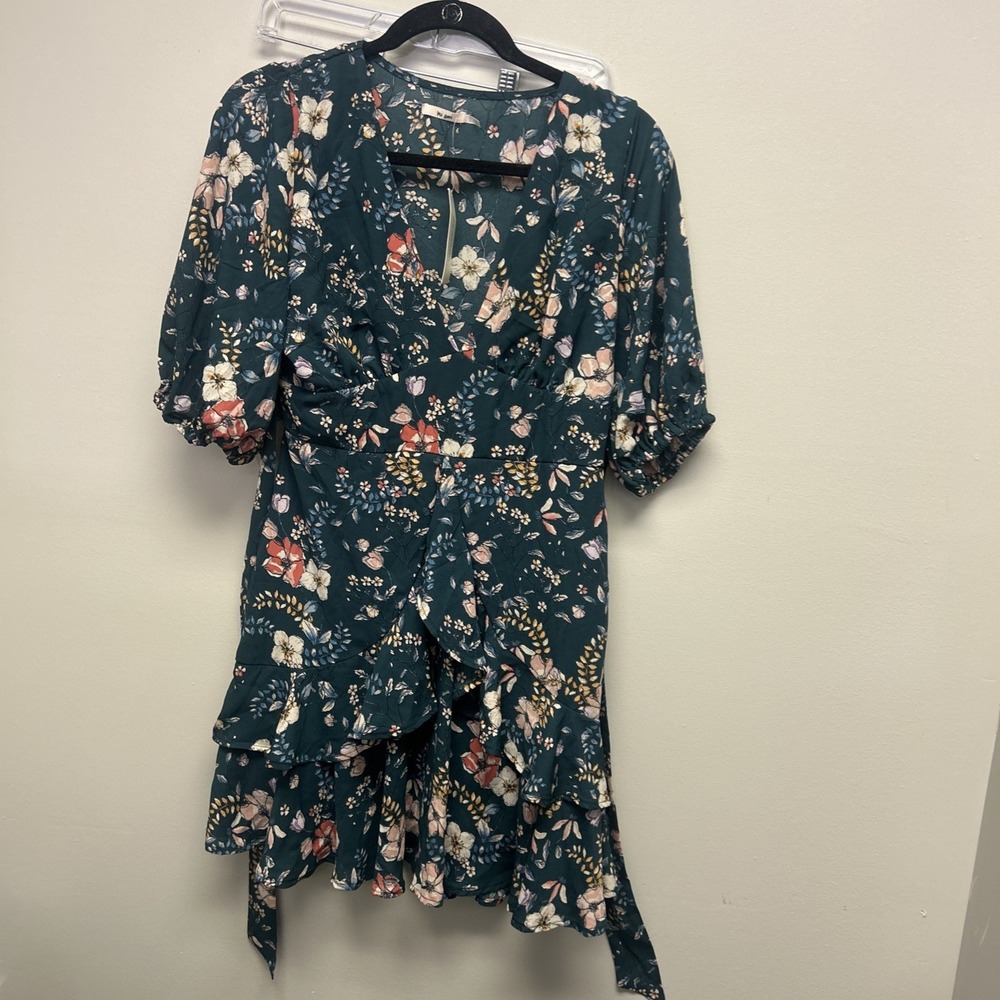 MiAmi Francesca Midi Dress L Hunter Green Floral Puff Sleeve Cottagecore Boho